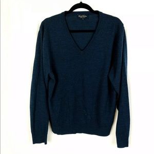 Brooks Brothers SzL Blue V-Neck Sweater Saxon Wool